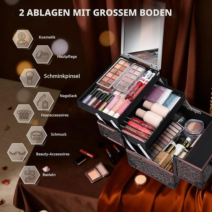Kosmetikkoffer Schminkkoffer Leer Make up Koffer mit Spiegel Abschliessbare Beauty Case Nagelkoffer