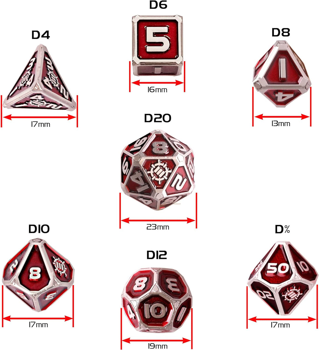 ENHANCE Würfelset aus Metall – 7 polyedrische Würfel mit 2-in-1-Würfeletui und Würfeltablett aus veg