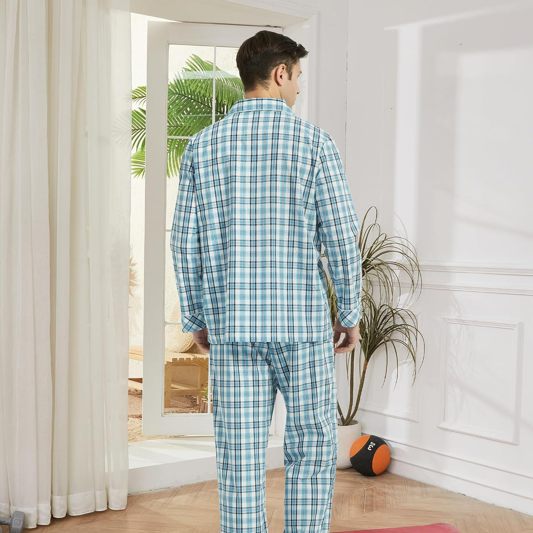 Vulcanodon Pyjama Herren 100% Baumwolle Schlafanzug lang Set kariert mit Knopfleiste weiche Nachtwäs