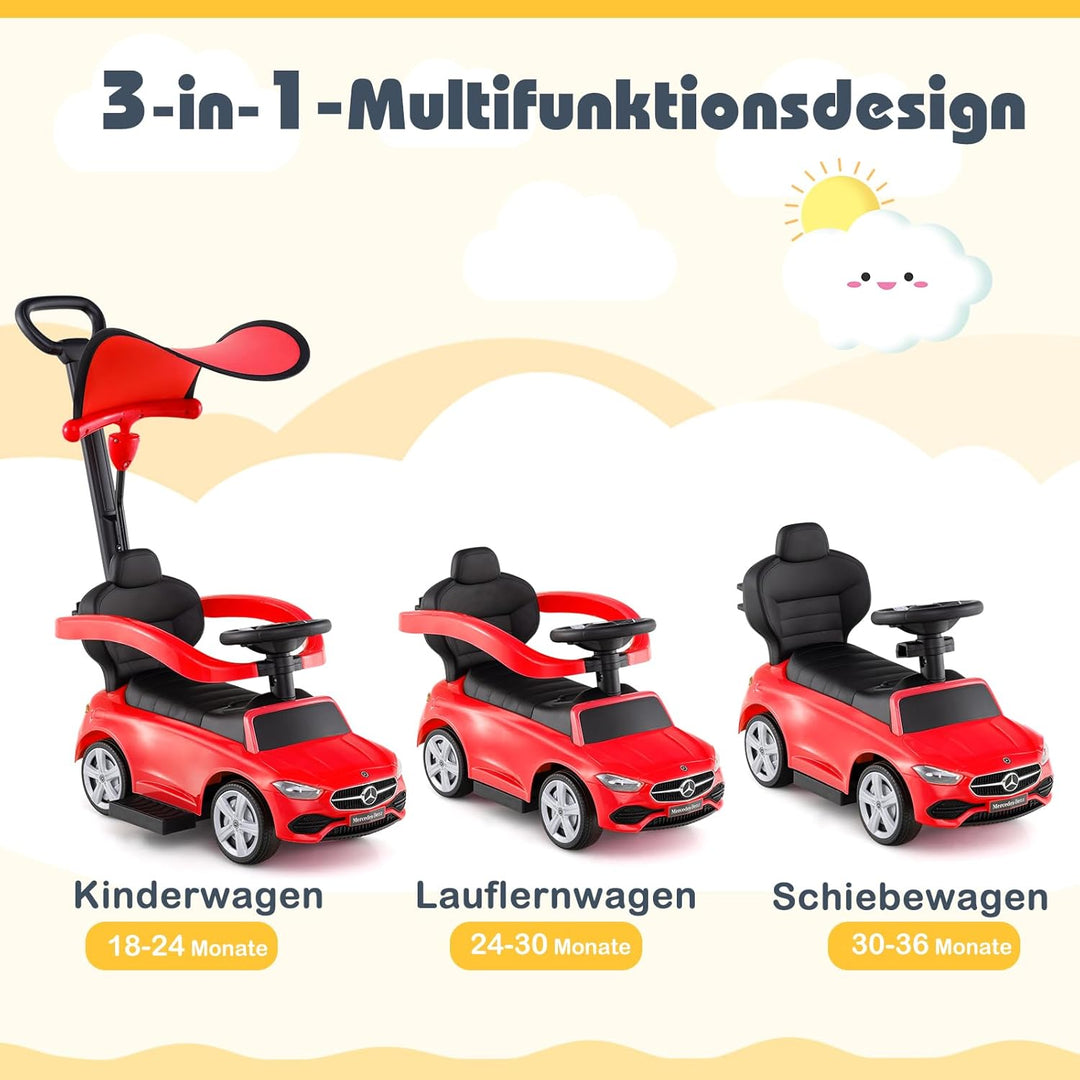 COSTWAY Mercedes-Benz Rutschauto, 3-in-1 Rutschfahrzeug mit Schiebegriff, Stauraum & Lenkschieber, S