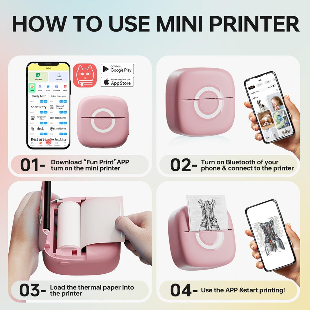 cabaro Mini Drucker Aufkleber Drucker Fotodrucker mit 3 Rollen Bluetooth Thermodrucker für Lernen, S