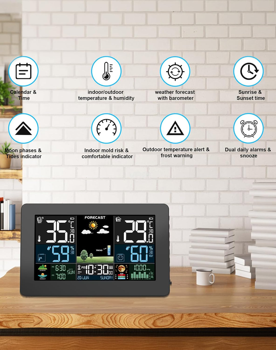 Wetterstation Funk mit Aussensensor, Farbdisplay, Wettervorhersage, Temperatur, Luftfeuchtigkeit, We