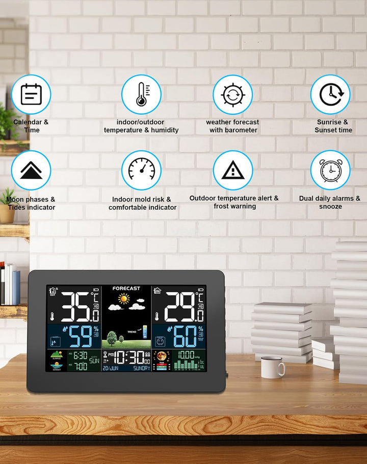 Wetterstation Funk mit Aussensensor, Farbdisplay, Wettervorhersage, Temperatur, Luftfeuchtigkeit, We