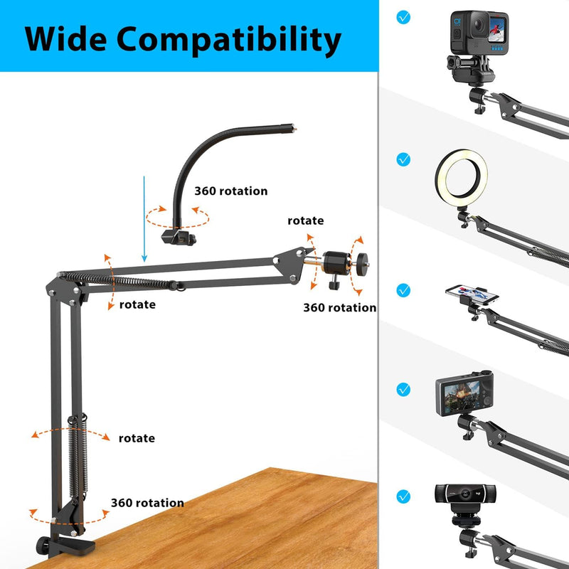 Overhead Stativ Handy mit Ringlicht, Flexibler Tisch Kamera Arm mit Licht, Flexible Tisch Kamera Arm