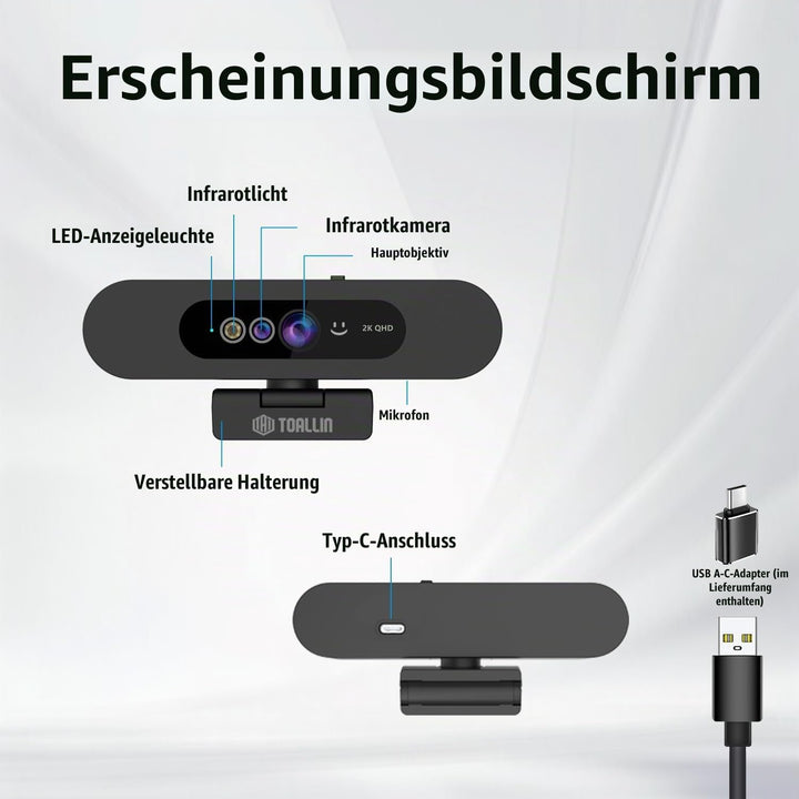 TOALLIN 2K QHD-Webcam für Windows Hello Face Login, IR-Gesichtserkennungskamera, USB-Webcam mit Mikr