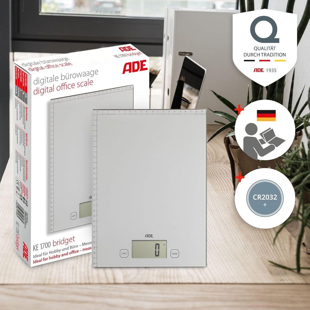 ADE Digitale Briefwaage mit XXL-Wiegefläche und aufgedrucktem Lineal | bis zu 20 kg