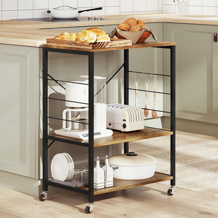 WOLTU Küchenregal auf Rollen, Mikrowellen-Regal mit 3 Ablagen & 4 Haken, dreistufiger Servierwagen m