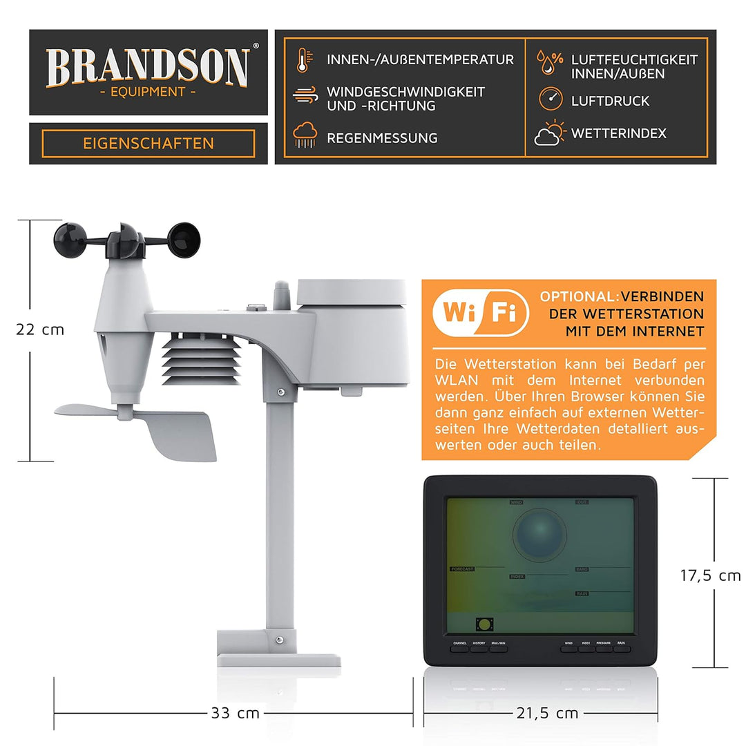 Brandson - Wlan Wetterstation mit 5 in 1 Aussensensor – LCD Farbdispay - Wetterdaten per App WiFi Sm