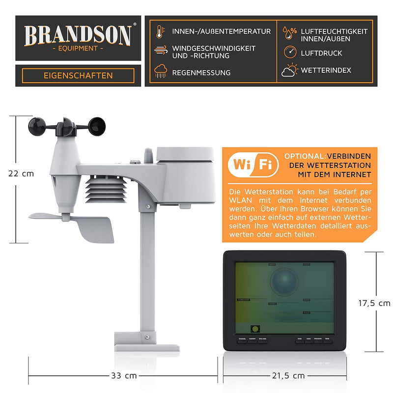 Brandson - Wlan Wetterstation mit 5 in 1 Aussensensor – LCD Farbdispay - Wetterdaten per App WiFi Sm