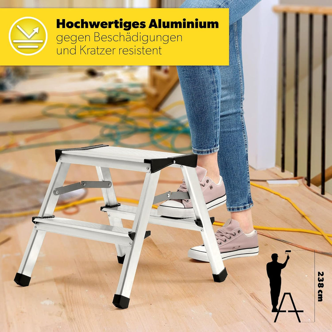KADAX Trittleiter aus Aluminium 2 Stufen, Klapptritt bis 125kg, Stufenleiter mit Antirutschstufen, S