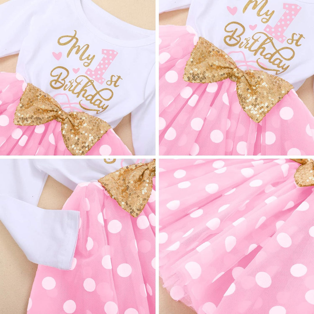 Odizli 1./2./3. Geburtstag Mädchen Outfit Langarm Prinzessin Tütü Tüllkleid+Pailletten Stirnband 2tl