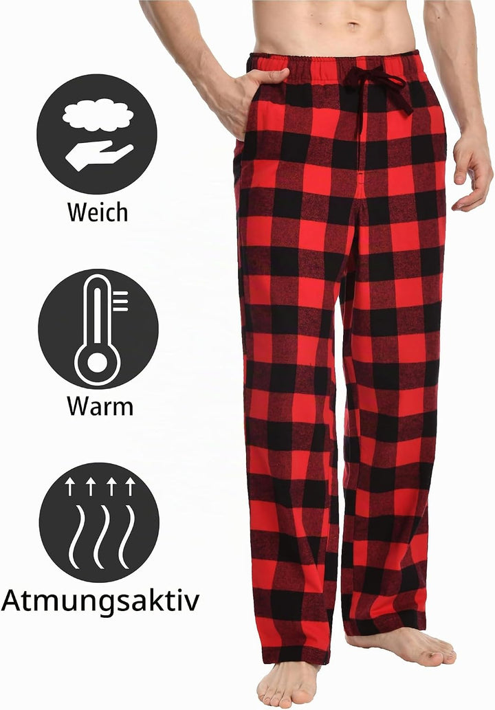 Nutria Herren Pyjamahose aus Flanell, 100% Baumwolle Kariert Weiche Schlafanzughose Warm Loungehose