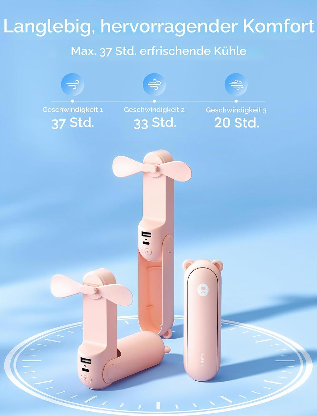 JISULIFE Handventilator Mini Ventilator 3 IN 1, mit 4500 mAh Powerbank USB Akku Klein Ventilator, Ba