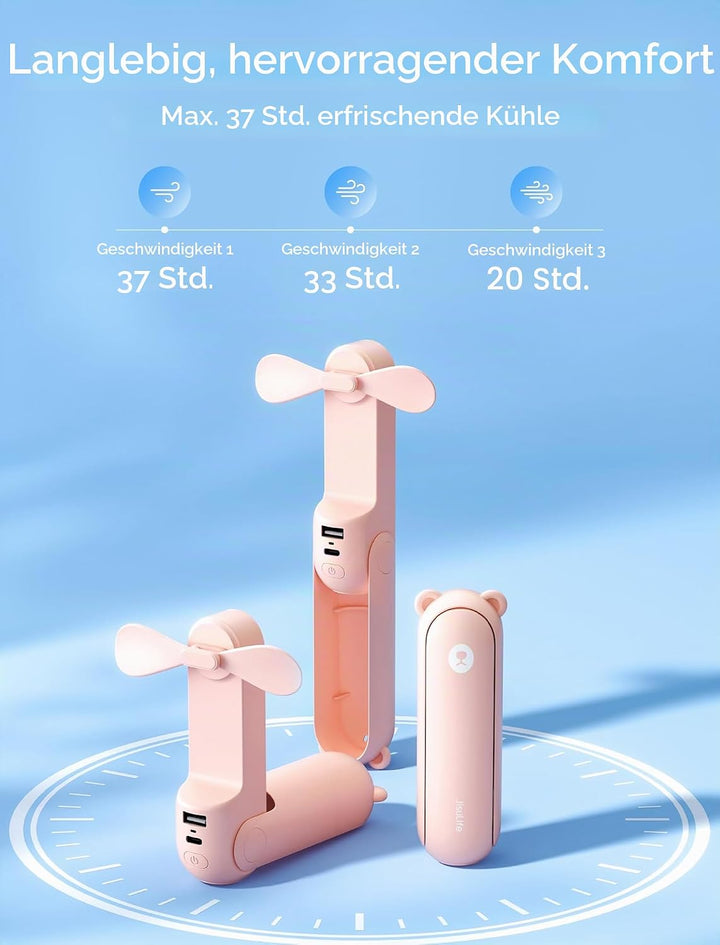 JISULIFE Handventilator Mini Ventilator 3 IN 1, mit 4500 mAh Powerbank USB Akku Klein Ventilator, Ba