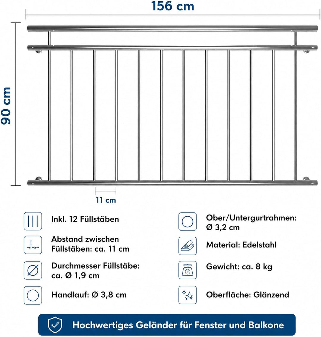 Mucola Balkongeländer Edelstahl V2A 90x156 cm – Stabgeländer mit 12 Füllstäben und Handlauf Ø 3,8cm