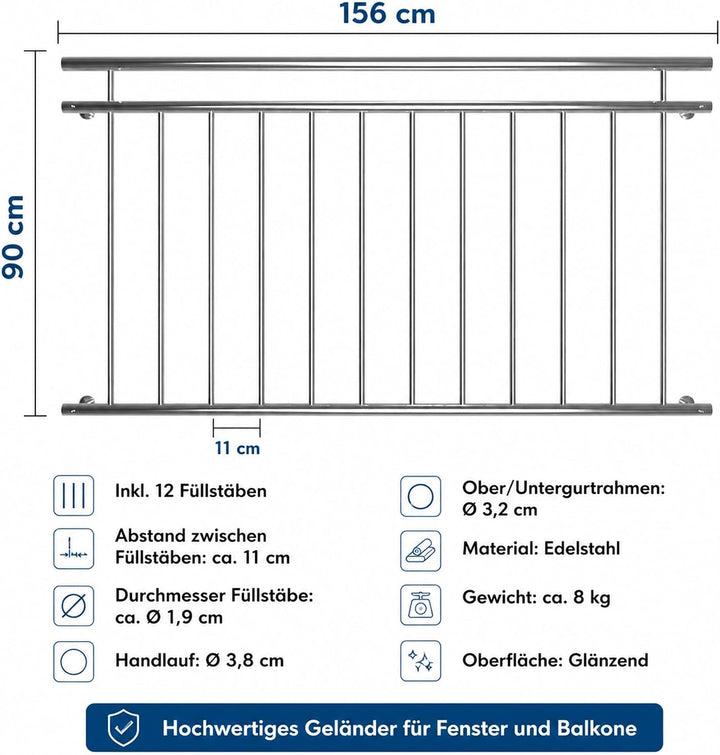 Mucola Balkongeländer Edelstahl V2A 90x156 cm – Stabgeländer mit 12 Füllstäben und Handlauf Ø 3,8cm