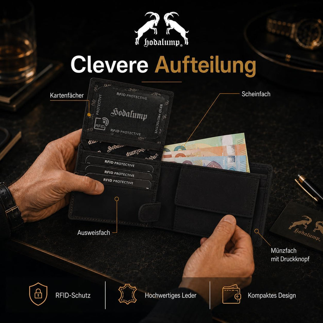 hodalump Echt-Leder Geldbörse • Geldbeutel für Damen und Herren mit RFID-Schutz • Portmonee mit Münz