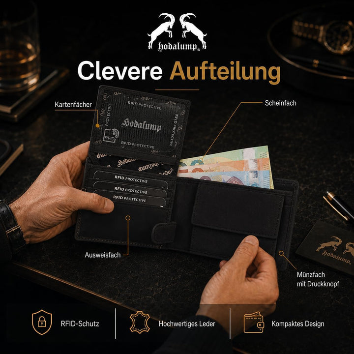 hodalump Echt-Leder Geldbörse • Geldbeutel für Damen und Herren mit RFID-Schutz • Portmonee mit Münz