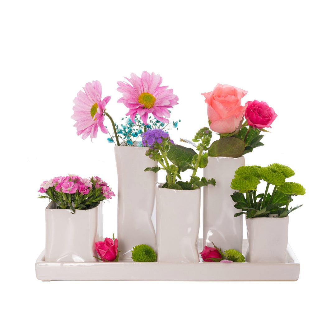 Jinfa Handgefertigte kleine Keramik Deko Blumenvasen Set aus 5 Vasen in weiss 5 Vasen Weiss, 5 Vasen