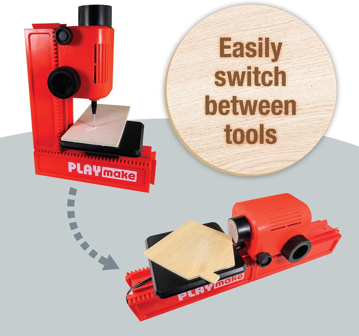 PLAYMAKE 4in1 Workshop - Kreativwerkstatt für Kinder ab 5 Jahren - Technikspielzeug für Holz und Kar