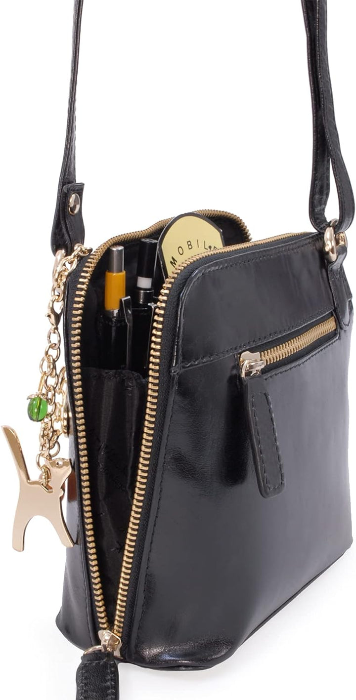 Catwalk Collection Handbags - Leder - Klien Umhängetasche/Schultertasche - LENA S Schwarz Gold, S Sc