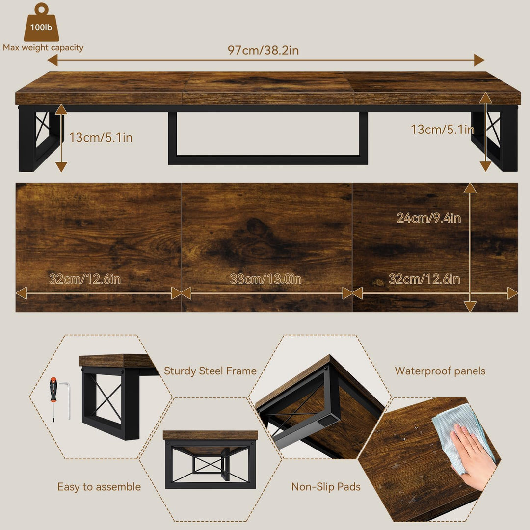 IBUYKE Dual Monitorständer, Computer Bildschirmerhöhung, 97cm Holz Schreibtisch Monitor Erhöhung mit