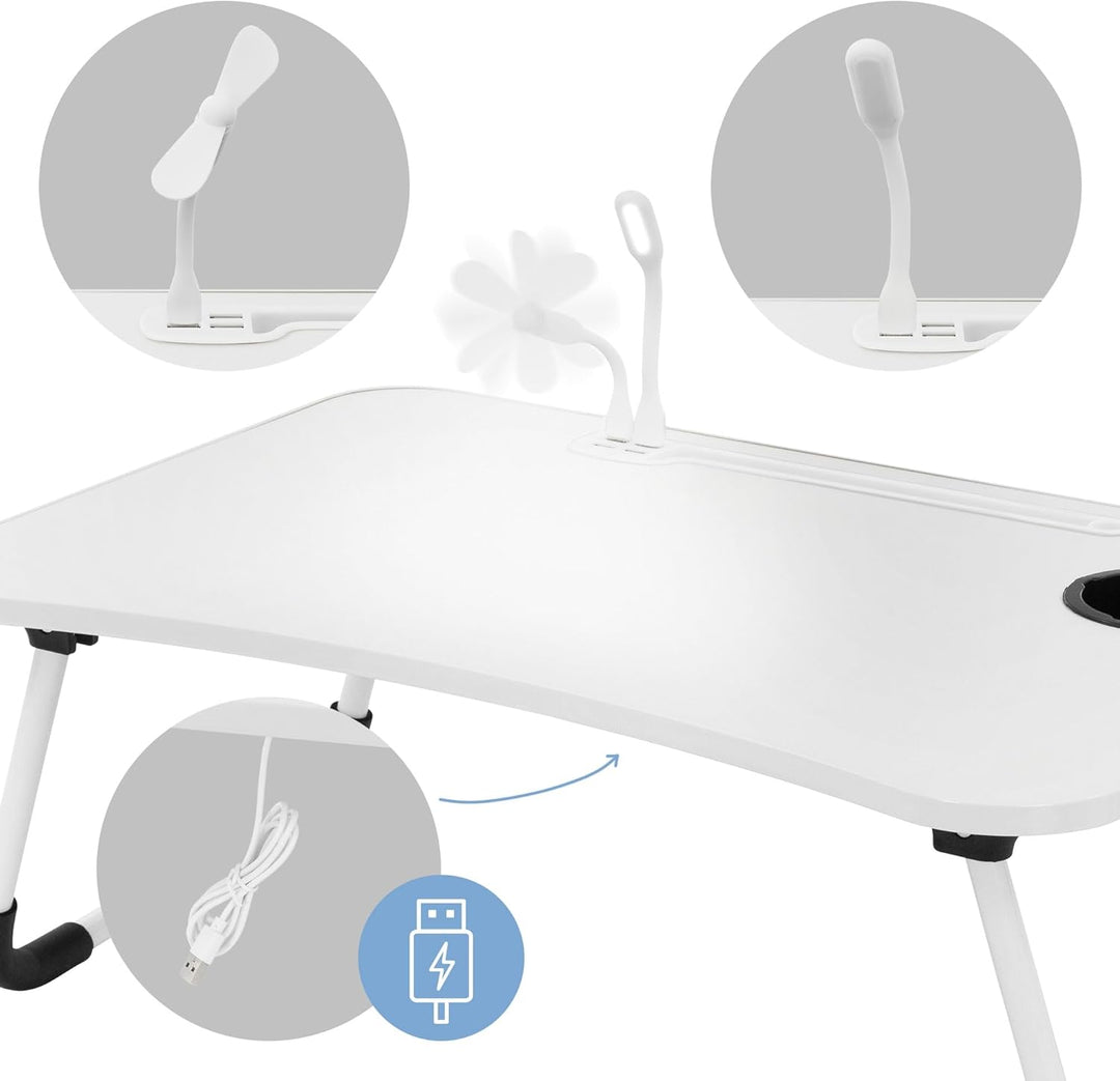 ML-Design Laptoptisch fürs Bett/Sofa, Weiss, 60x40 cm, Betttisch klappbar, Notebook Tisch mit 4 USB
