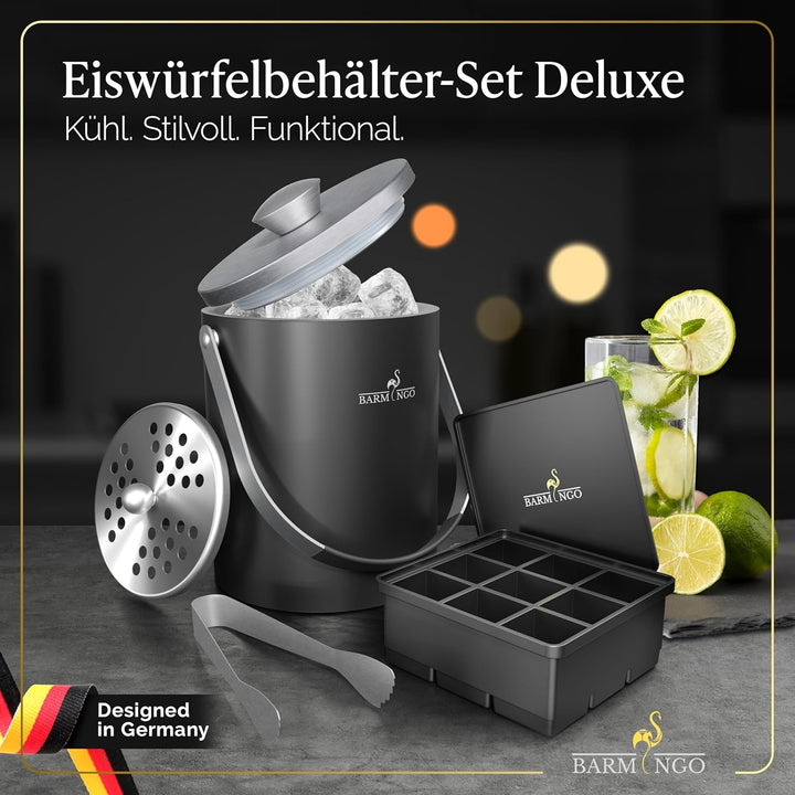 BARMINGO Edelstahl Eiswürfelbehälter mit Deckel - 2l Eisbehälter mit Sieb, Eiswürfelform, Zange | Ei