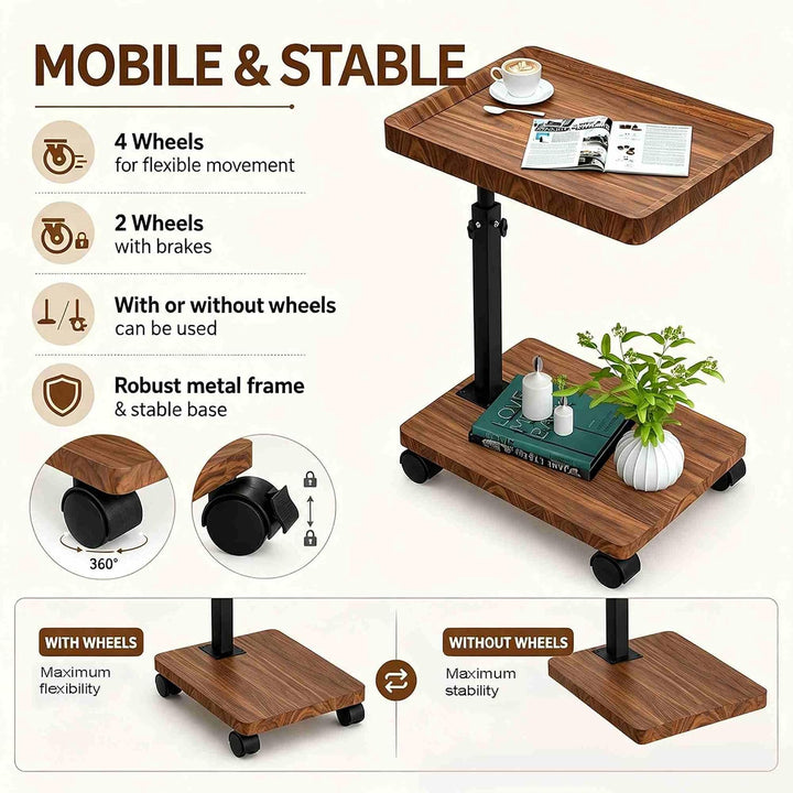 ESTUWD Beistelltisch mit Rollen | Beistelltisch Höhenverstellbar (45-80cm) | Holz Beistelltisch c Fo