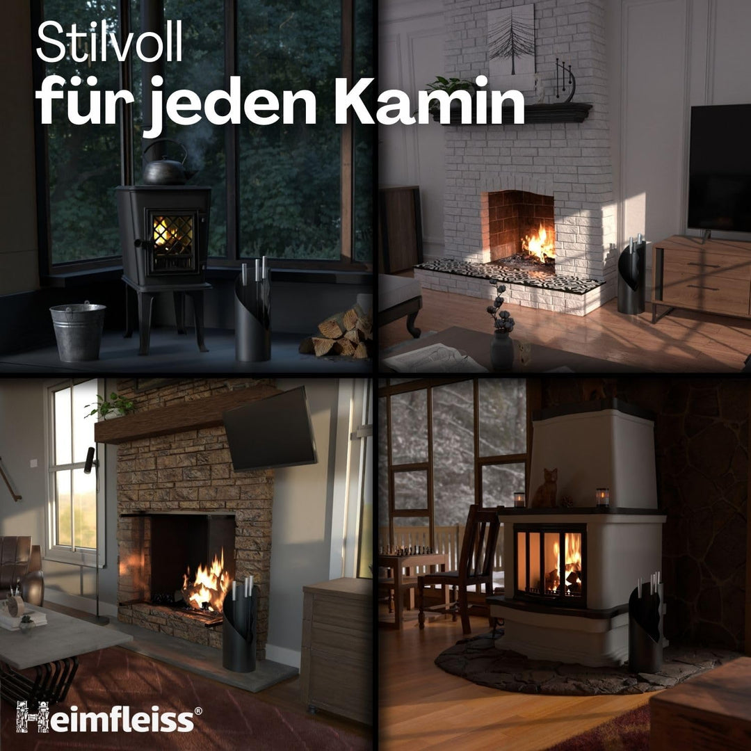 Heimfleiss® Kaminbesteck Schwarz Modern | Ofenbesteck Kaminbesteck Set | Kaminzubehör mit Edelstahl