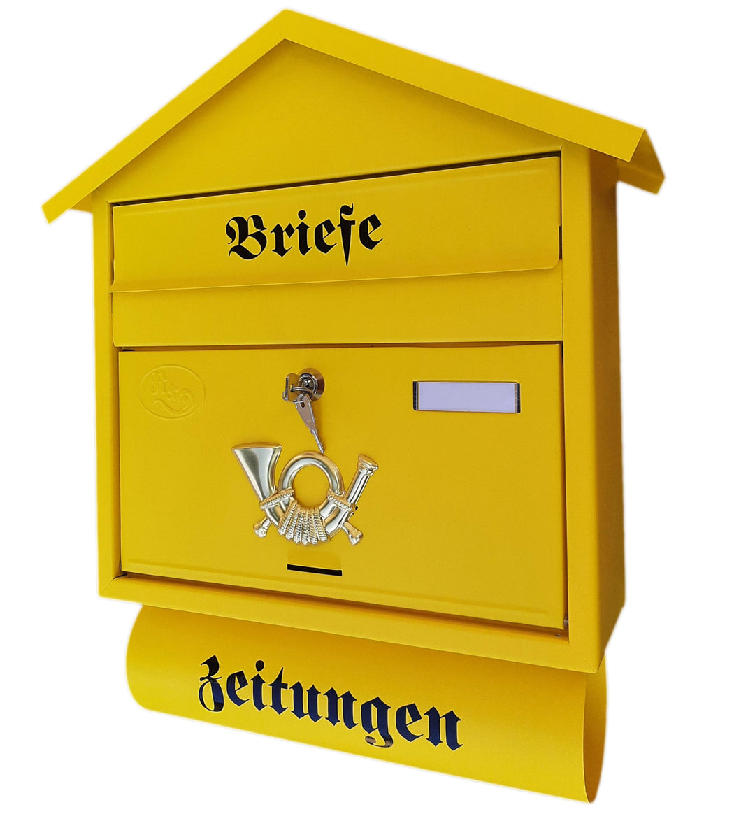 Grosser Briefkasten/Postkasten XXL Gelb Matt mit Zeitungsrolle Zeitungsfach Spitzdach Zeitungsrohr B