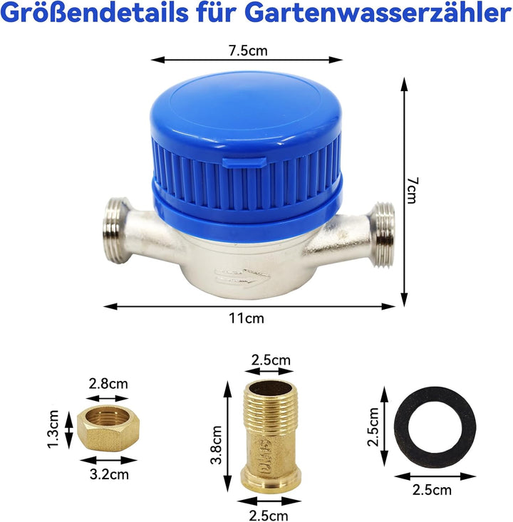 Garten Wasserzähler 1/2 Zoll, Kaltwasserzähler geeicht mit Digitalanzeige und Zeiger, Zapfhahnzähler