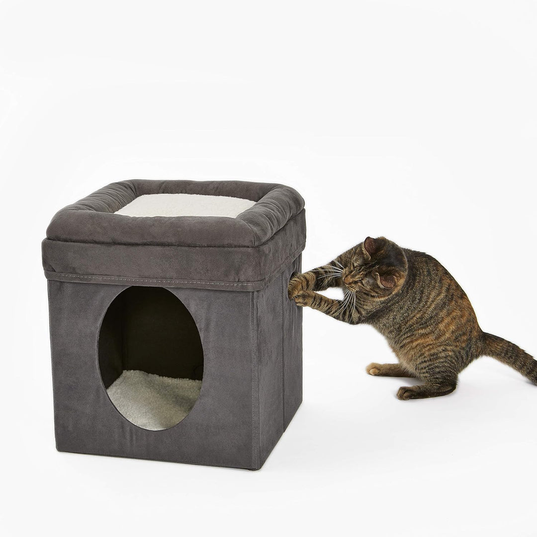 Katzenhöhle, 39,4 x 39,4 x 42 cm, faltbares Katzenversteck mit Spielzeug, gepolstertem Bett oben, gr