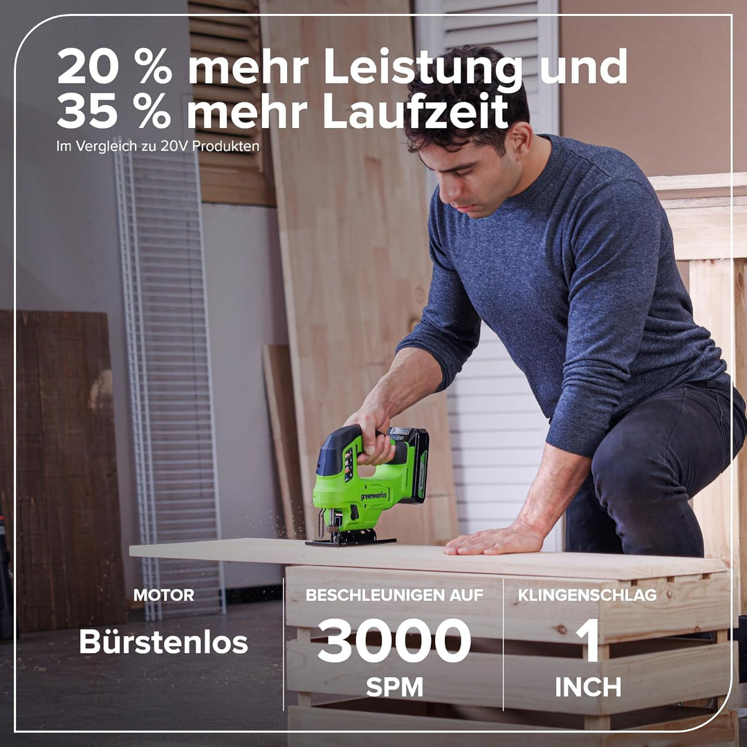 Greenworks 24V Akku-Bürstenlose Stichsäge, 3000spm, Neigungsverstellbar bis max. 45°, 4 Orbitaleinst