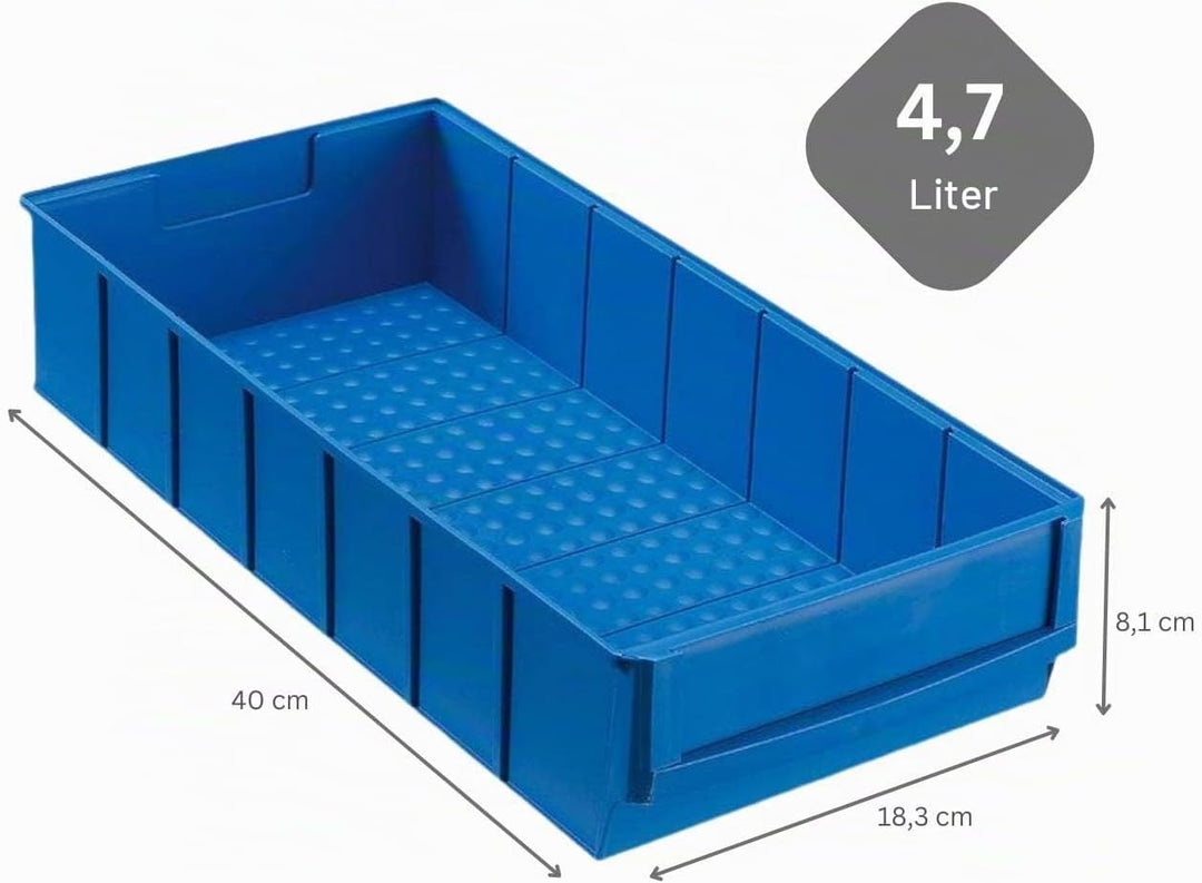 SparSet 10x Blaue Industriebox 400 B | HxBxT 8,1x18,3x40cm | 4,7 Liter | Sichtlagerkasten, Sortiment