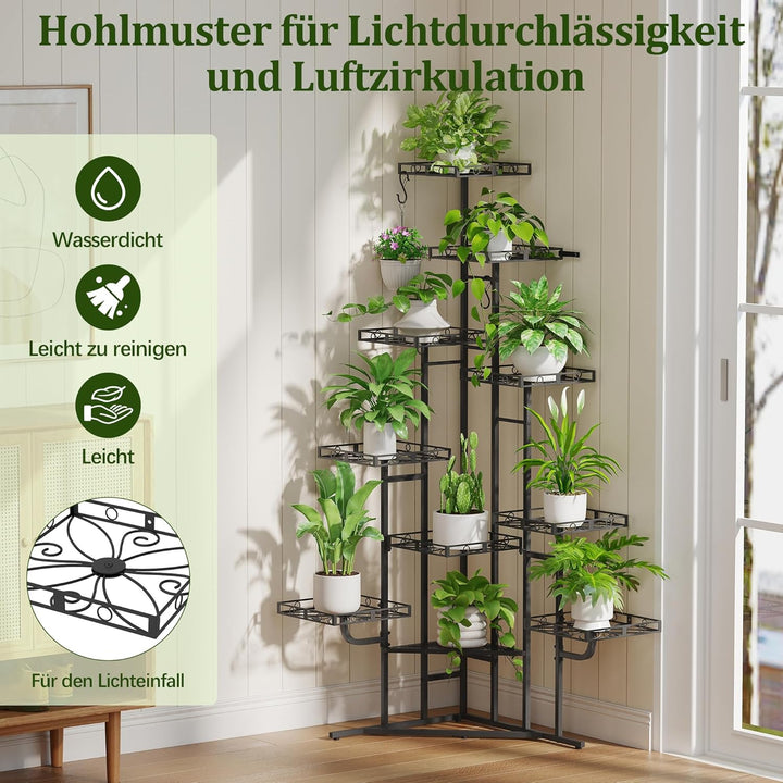 Quikraen 9 Ebenen Blumenständer, Pflanzenständer, 150cm, Metall, Schwarz | L-förmiges Design Pflanze