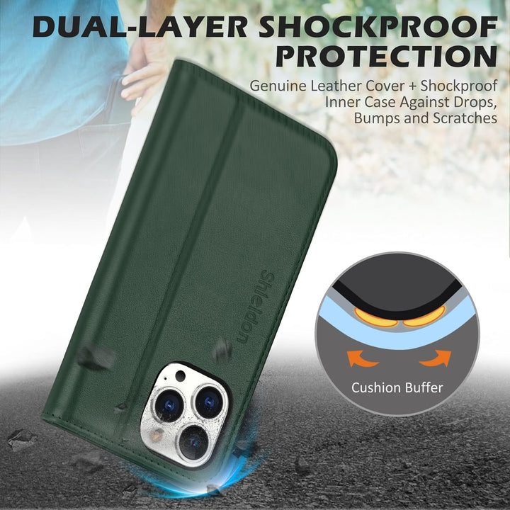 SHIELDON Hülle für iPhone 15 Pro Max, Lederhülle [Echtleder] [RFID Blocker] [Kartenfach] [Magnet] TP