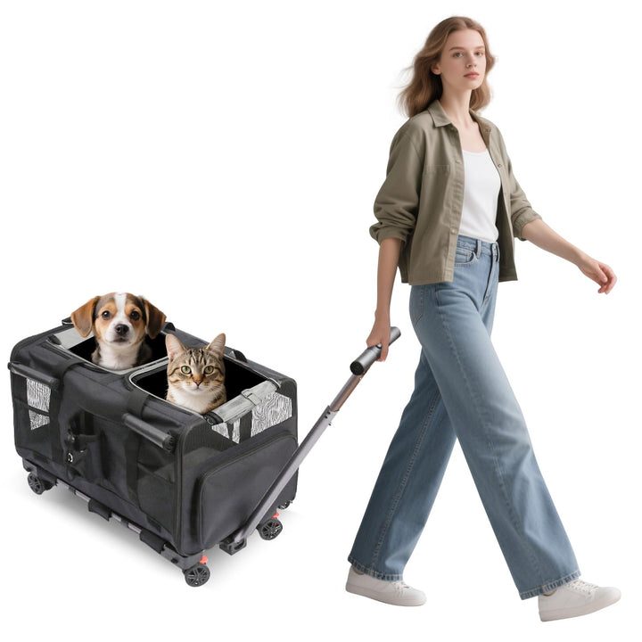 PETCUTE Transporttasche für Katze/Hund mit Zwei Fächern und Abnehmbaren Trolley,Atmungsaktiv Faltbar