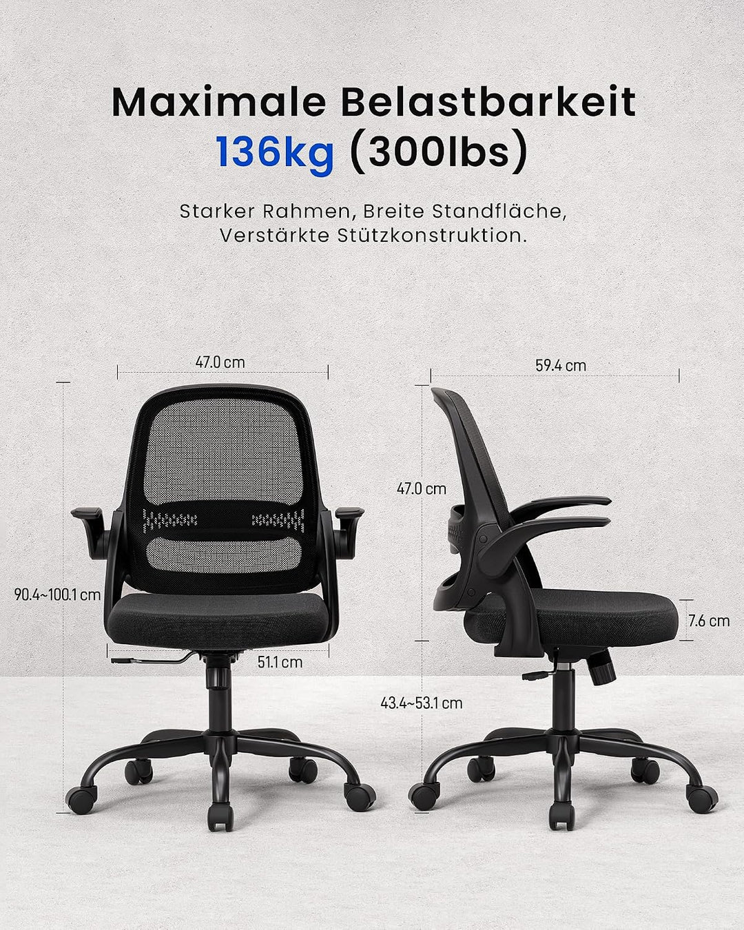 LukkDys Bürostuhl Ergonomisch, Schreibtischstuhl mit klappbaren Armlehnen, Mesh Computerstuhl höhenv