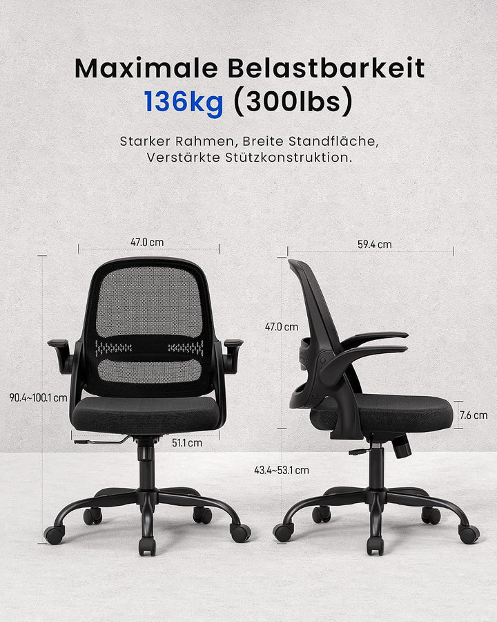 LukkDys Bürostuhl Ergonomisch, Schreibtischstuhl mit klappbaren Armlehnen, Mesh Computerstuhl höhenv
