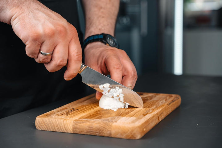 pasoli Damast Santoku-Messer inkl. Klingenschutz | 67-lagiger VG-10 Damaszener-Stahl | scharfe 13 cm
