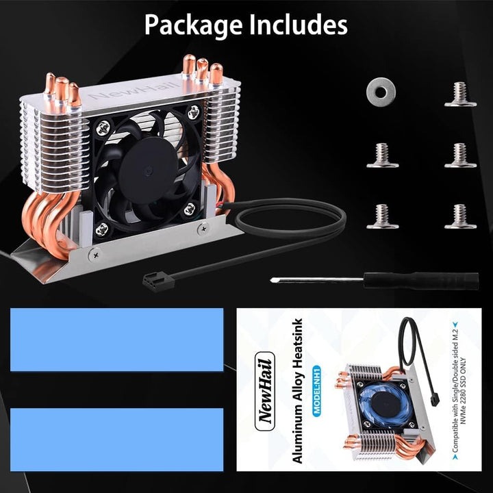NewHail M.2 2280 SSD Kühler Kühlkörper mit 40mm PWM Lüfter, Kupfer Heat Pipes und Thermal Pad, SSD K