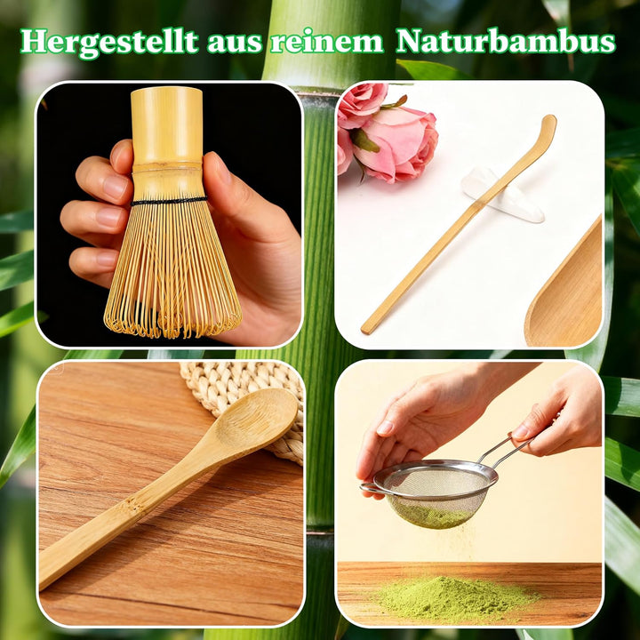 Matcha Tee Set 8-teilig – Japanisches Matcha Set mit glasiertem Chawan, Bambusbesen, Löffel, Teesieb