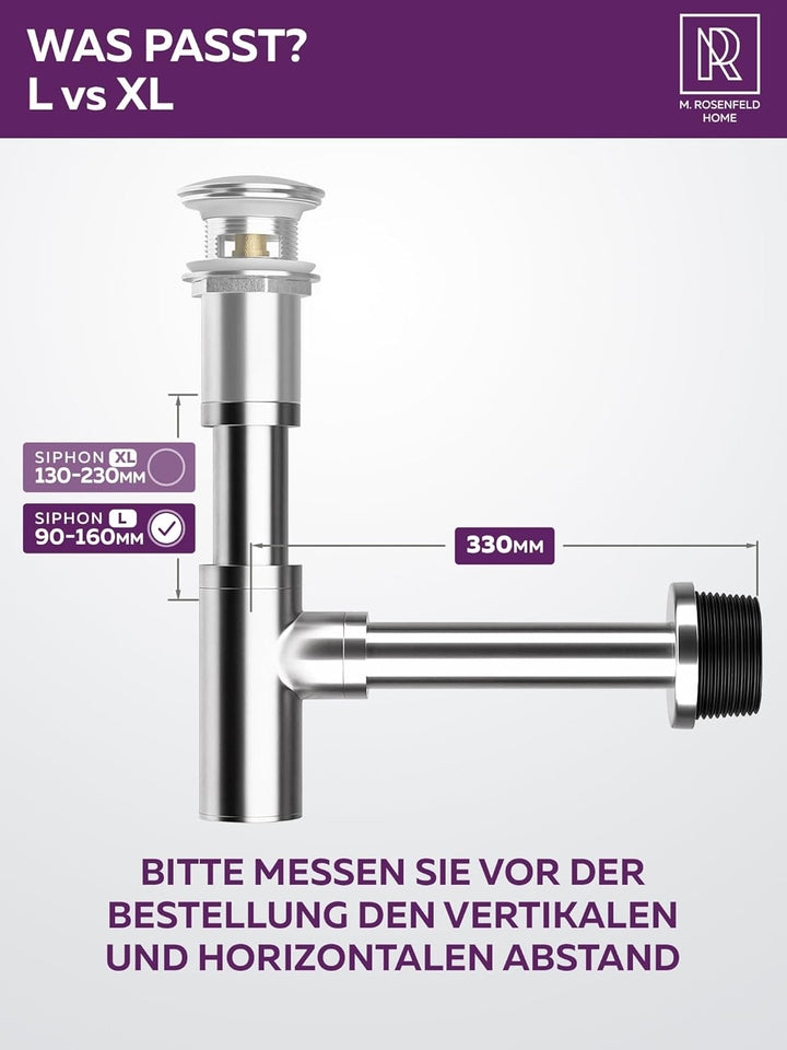 Siphon Waschbecken Edelstahl 60-140mm Höhe, Abflussrohr 330mm Länge, 1 1/4" für Bad & Waschtisch mit