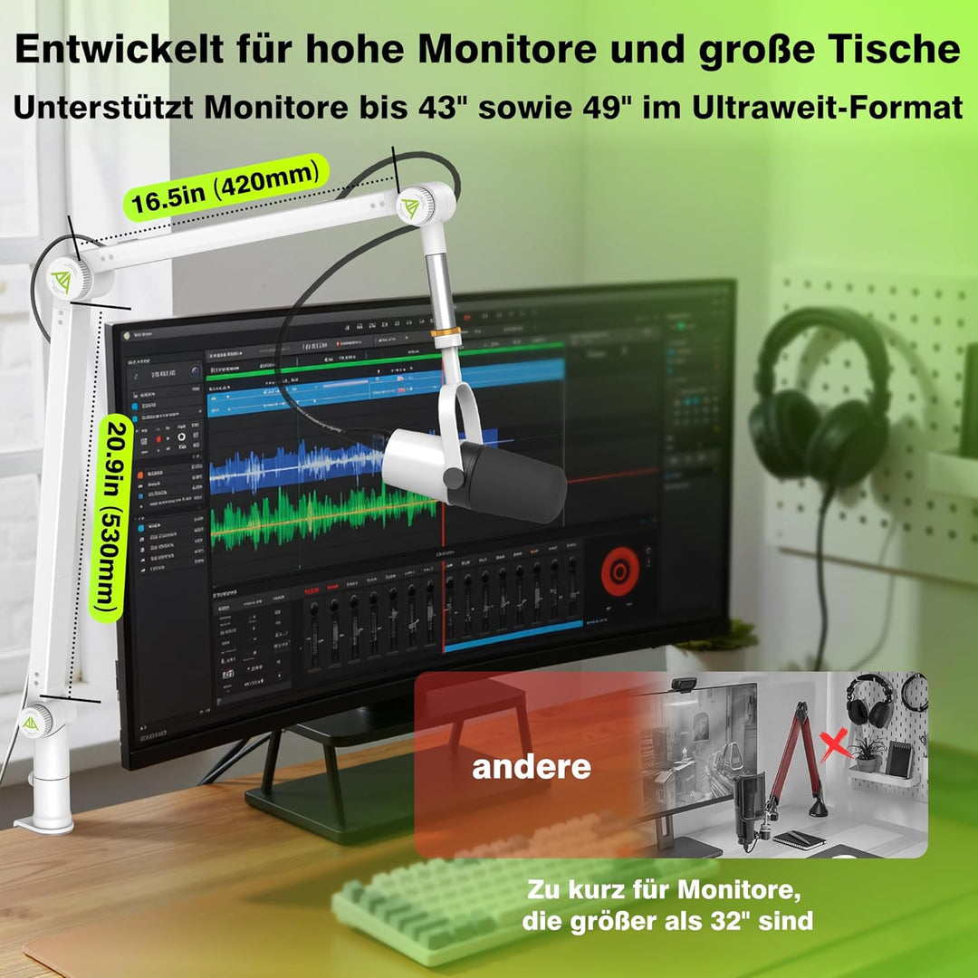 Mikrofon Arm, Max. 3 KG Traglast Mikrofonarm Kompatibel mit Shure SM7B, MV7+ & Co. Gear-Lock für rut