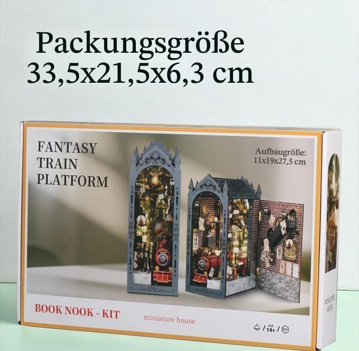 DIY Book Nook Kit, Magischer Bahnsteig Puppenhäuser Miniatur Haus Kit mit Staubschutzhülle LED-Licht