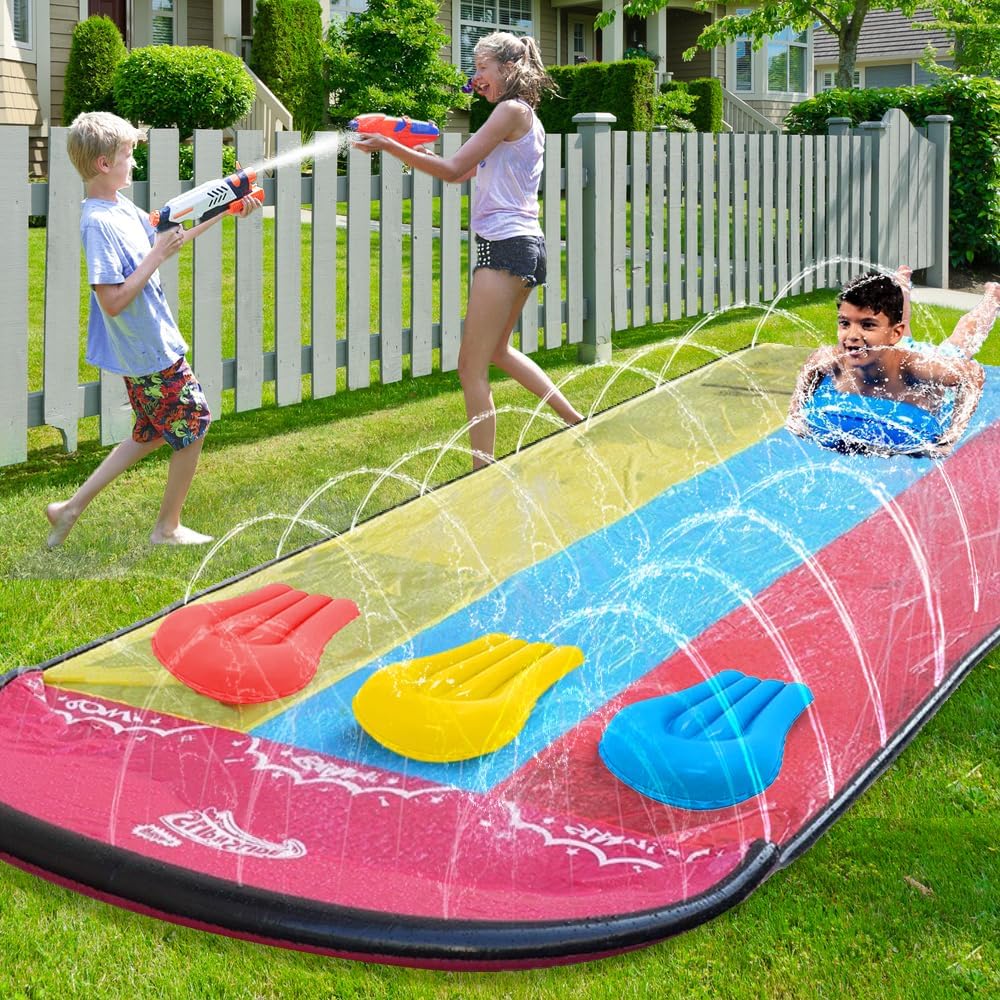 Wasserrutsche Garten für Kinder,480x210CM Slip N Slide Triple mit 3 Bodyboards 5 Reparaturflicken,Dr
