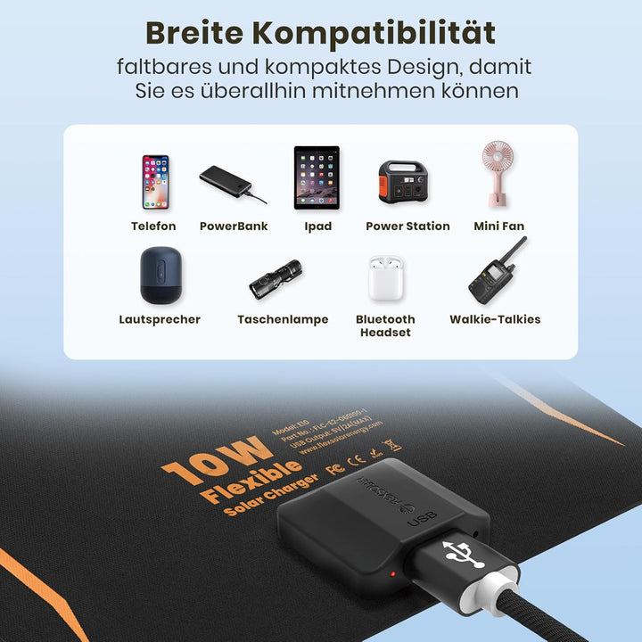 FlexSolar 10W Kleines Faltbar Solar Ladegerät mit 5V/2A USB-A Port,IP67 Wasserdicht ETFE Solar Ladeg