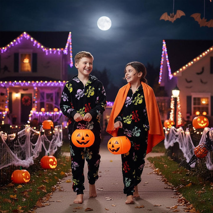 A2Z 4 Kinder Spass Halloween Schädel Bones Onesie Schlafanzüge Satz Für Jungen Und Mädchen Kinder Ju