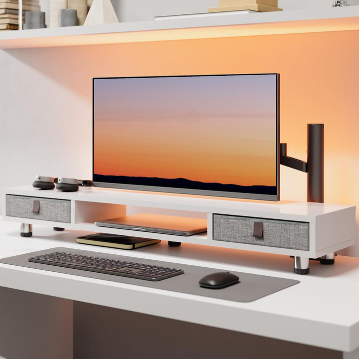 Fenge Dual Monitorständer mit 2 Schublade Grosser Bildschirmständer für PC Laptop TV, Höhenverstellb